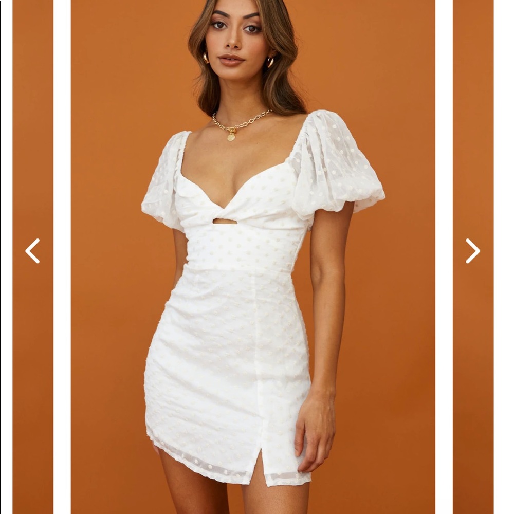 MOLLI SHEER PUFF SLEEVE TWIST FEATURE DRESS WHITE